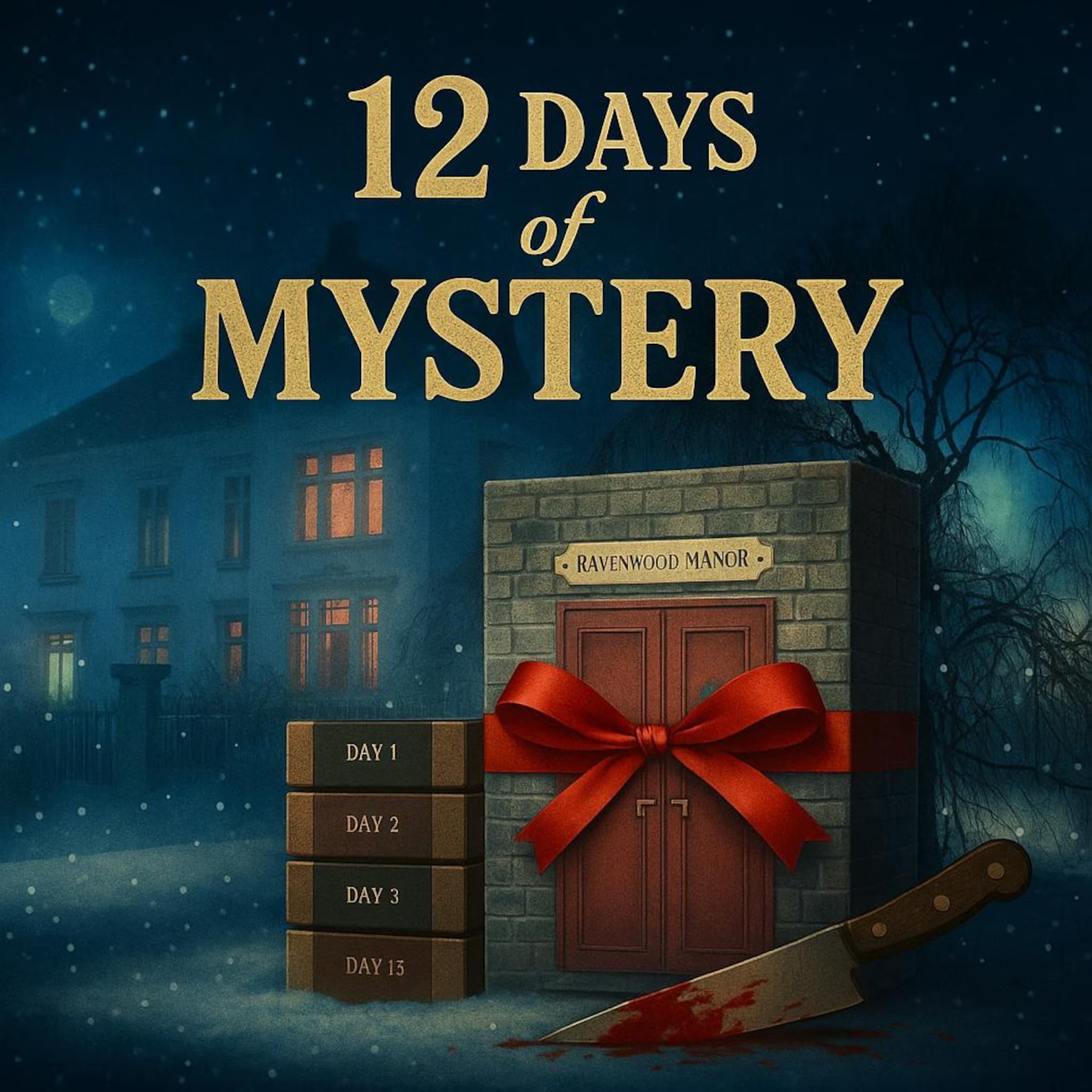 Poster „12 Days of Mystery“ – stimmungsvoller Mystery-Adventskalender mit Ravenwood Manor, roter Geschenk­schleife, 12 Tagesboxen und blutigem Messer vor Winterkulisse.