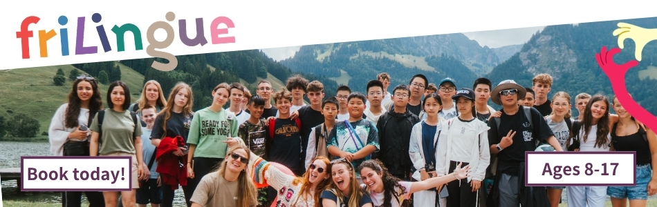friLingue banner showing a large group of teenagers posing together outdoors in front of Swiss alpine mountains and a lake, with a "Book today!" button and "Ages 8-17" label