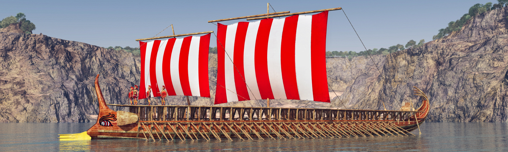 A digital image of an Ancient Greek ship with sails open, at Herakleidon Museum in Athens