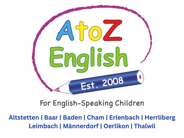 Logo for "A to Z English," a children's English language school established in 2008. The letters "A," "to," and "Z" appear in blue, green, and red, while "English" is written in bold green lettering. A blue pencil bearing the text "Est. 2008" runs across the bottom of the logo. The whole design is framed by a hand-drawn purple oval. A tagline beneath reads: "For English-Speaking Children."