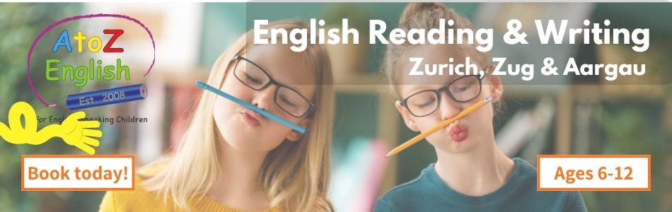 AtoZ English reading and writing course banner for children ages 6-12 in Zurich, Zug and Aargau
