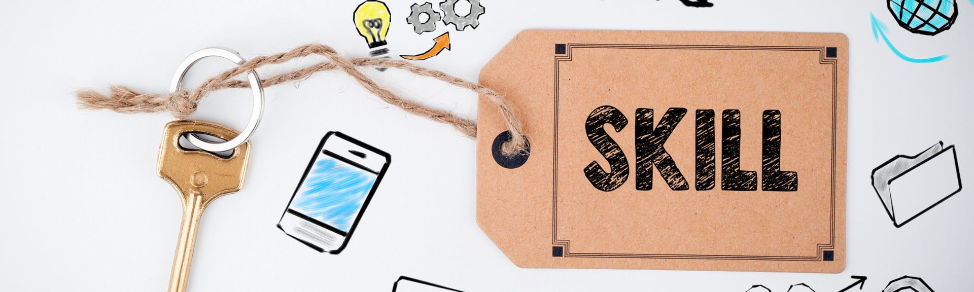 A brass key attached to a kraft-paper luggage tag labeled "SKILL," surrounded by hand-drawn doodles of a lightbulb, gears, a smartphone, a folder, and a globe on a white background