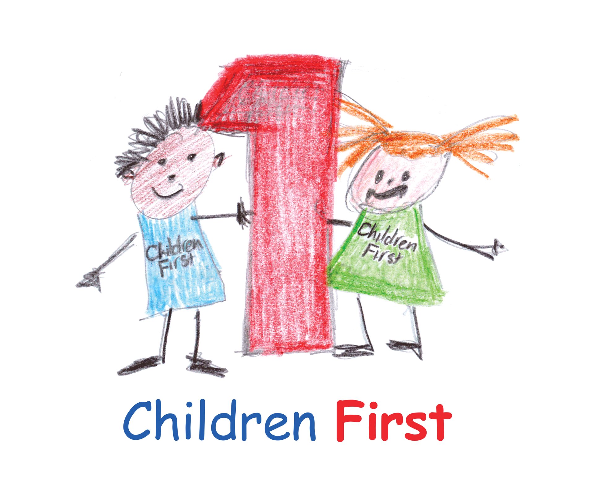 The colorful logo of Children First Primary and Bilingual School in Zurich. It is hand drawn with crayons and places a large red number 1 between a hand-draw boy in blue clothes and a girl in green clothes