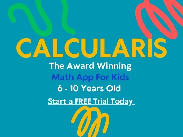 Promotional banner for CalculAris, an award-winning educational math app for children aged 6–10, designed to support learning and math skills, with a call to start a free trial.