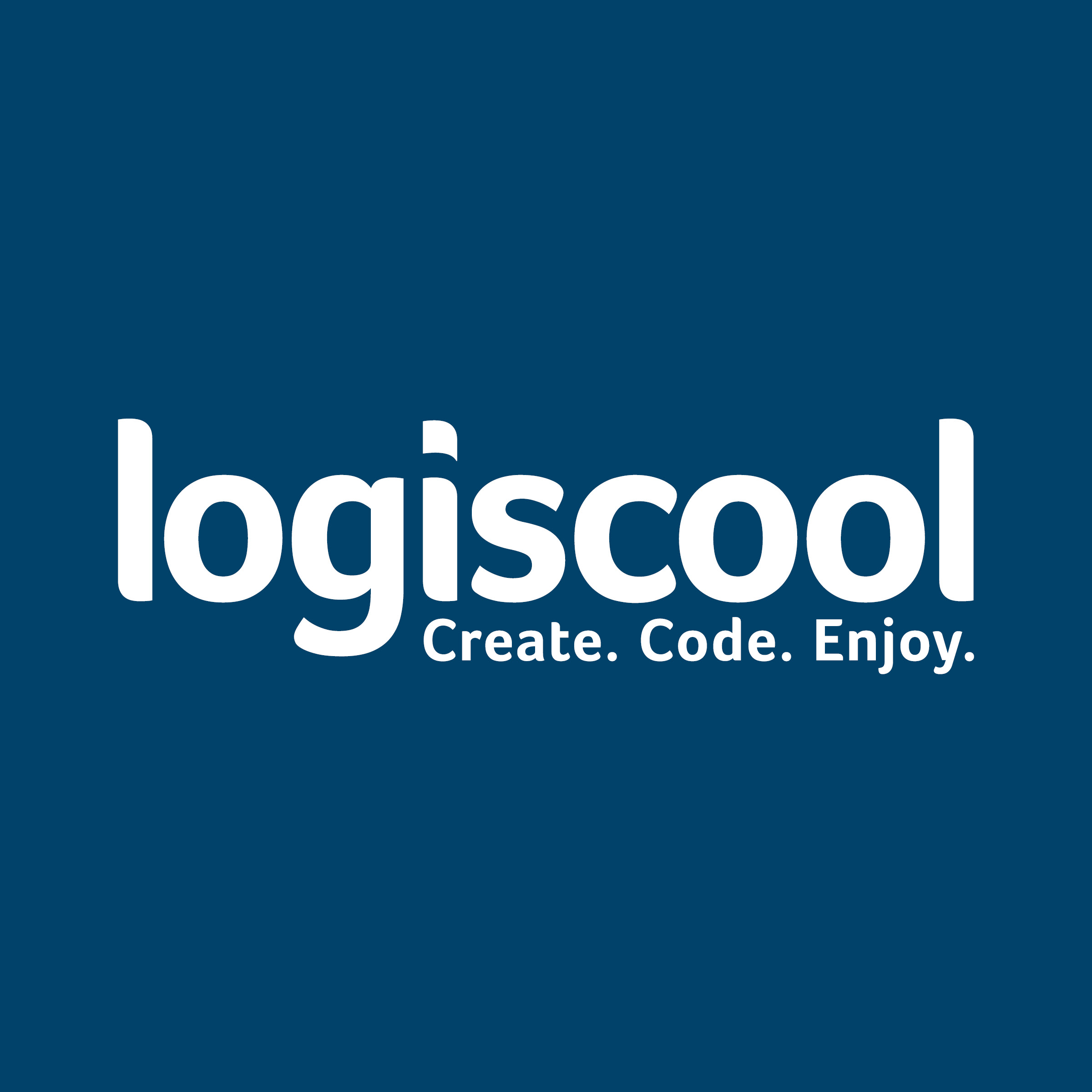 The logiscool logo in white fonts with a blue background.  