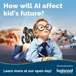 A young boy with big round glasses posing in front of artificial beings and a title How will AI affect our children's future, a branded creative by Logiscool