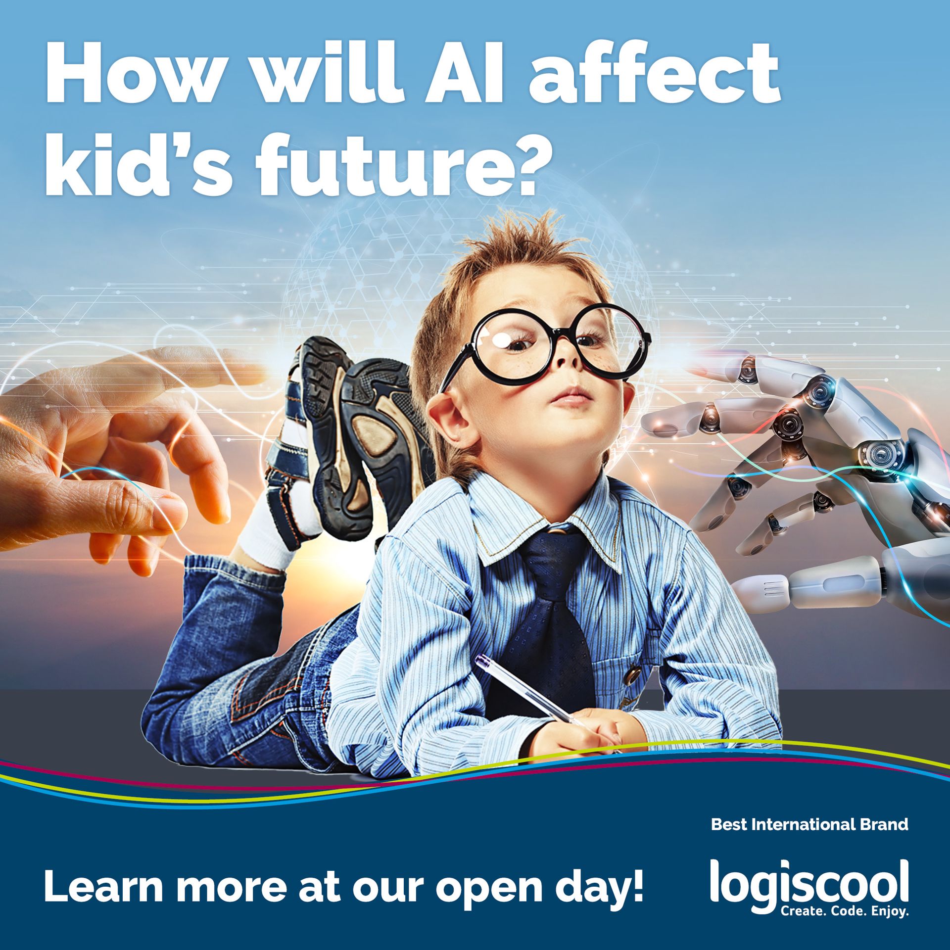 A young boy with big round glasses posing in front of artificial beings and a title How will AI affect our children's future, a branded creative by Logiscool