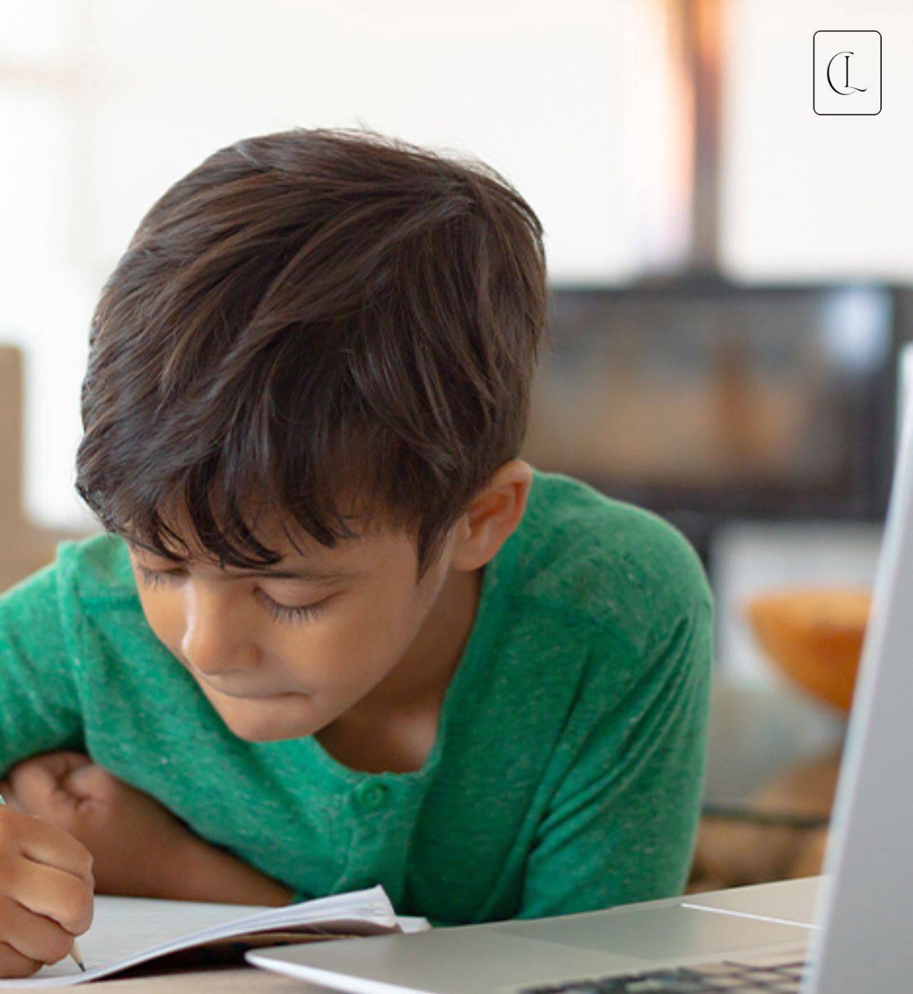 A young boy in a green t-shirt is writing in his notebook while his laptop is open in front of him.  He is in an interactive German class with Csilla from Language Lab, having his German class online.  