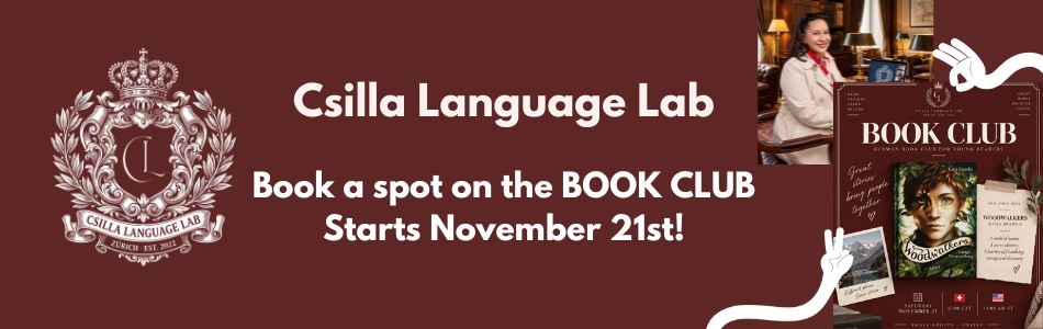 Banner von Csilla Language Lab für den Buchklub auf Deutsch, Start am 21. November, mit einem Foto der Gründerin am Schreibtisch und einem Buchklub-Poster zu "Woodwalkers".