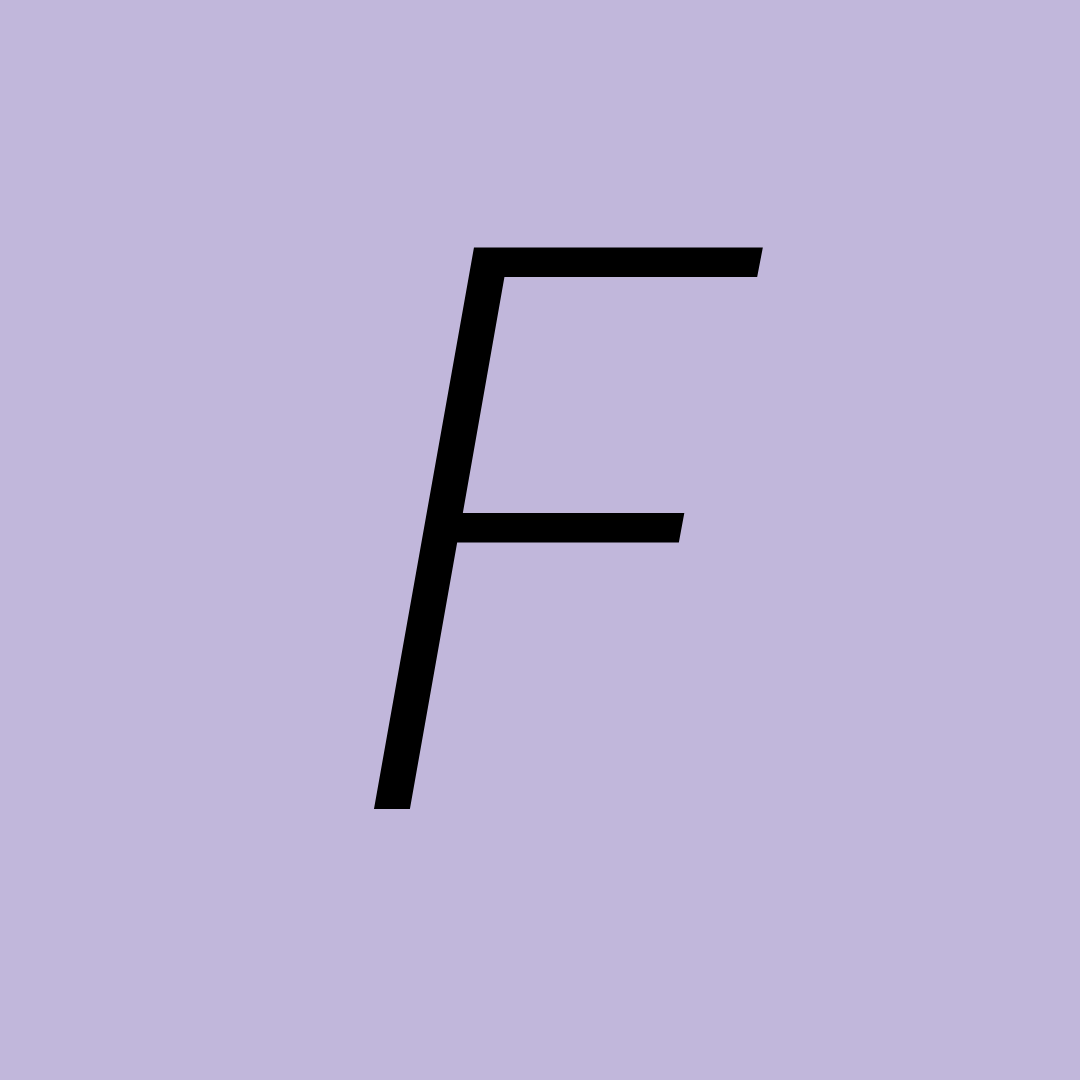 Logo: black capital letter F for FLOTION, with lilac background