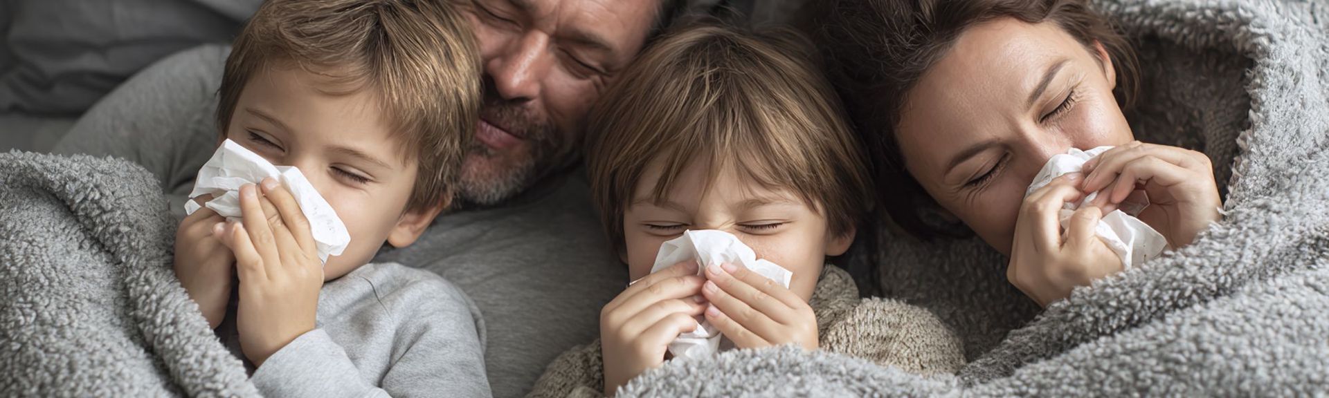 A family with school aged children are all cuddling together with the flu in the same bed in gray duvet, blowing their nose and recovering from the flu.  
