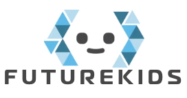 An animated smily phase surrounded by blue triangles making the form of a head, in different shades of blue.  It is the logo of robotic and coding school Futurekids.io.  