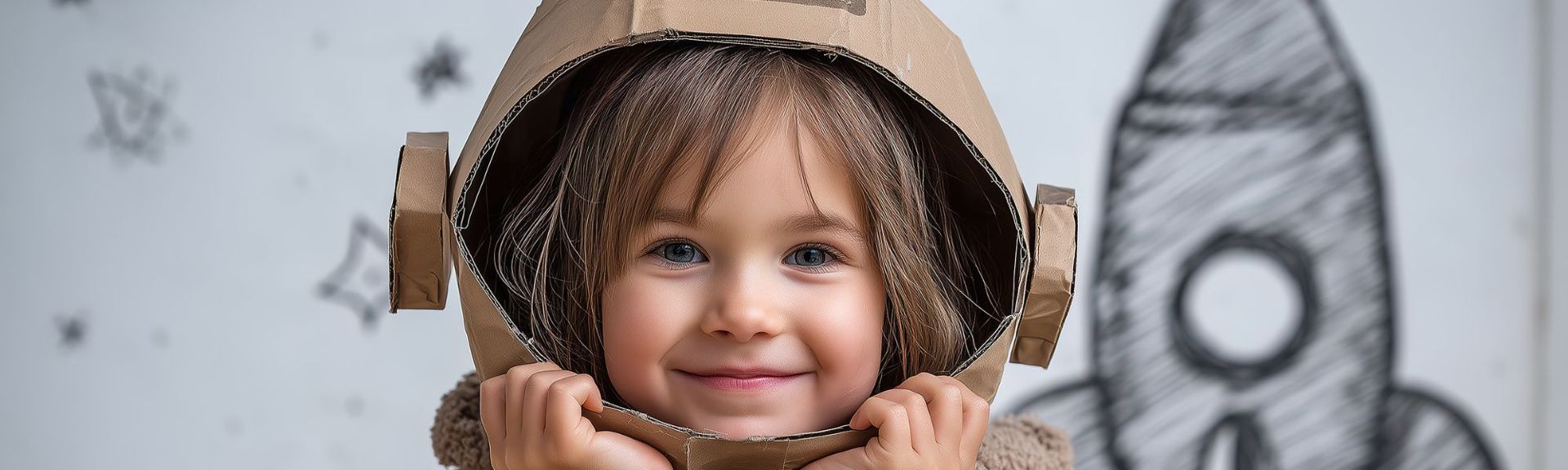 Smiling child wearing a cardboard astronaut helmet in front of a hand-drawn rocket and stars.