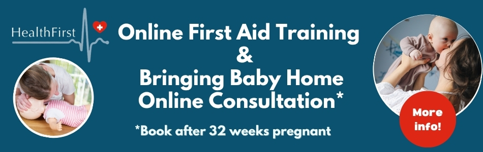 HealthFirst-Banner für Online-Erste-Hilfe-Kurse und die Bringing Baby Home Beratung, mit Fotos einer Person, die Reanimation an einer Baby-Übungspuppe übt, und einer Mutter, die ihr Baby im Arm hält.