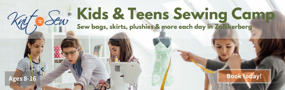 Girls and a teacher working at sewing machines in a bright studio, with the Knit Sew Kids and Teens Sewing Camp banner promoting bags, skirts and plushies in Zollikerberg for ages 8 to 16