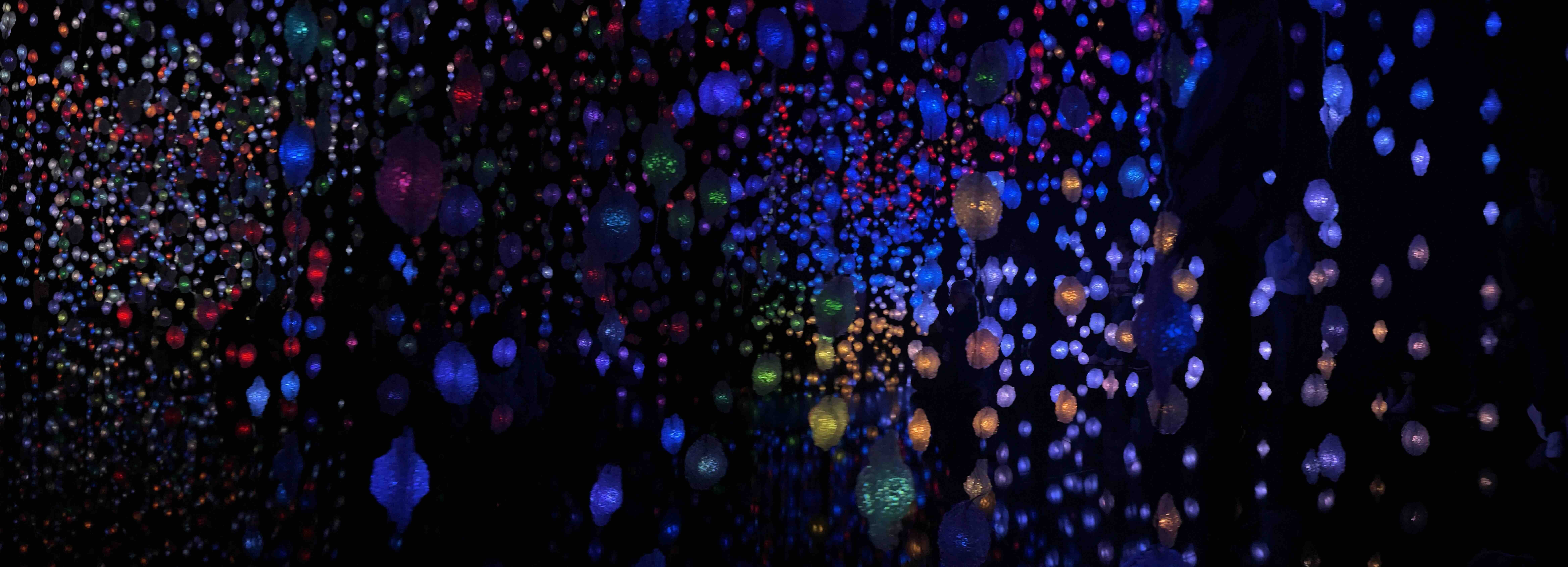 An immersive light installation featuring hundreds of colorful, suspended teardrop-shaped lights in a dark space, with silhouettes of visitors walking through the exhibit.