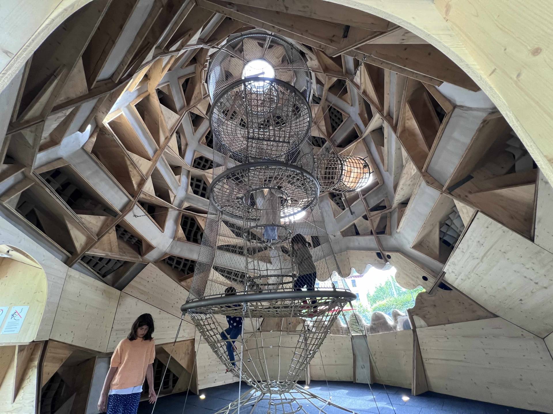 The interior climbing ropes going up 8 meters to the top of the slide sculpture designed by the German artist Carsten Höller, at the extension of the Kunsthaus in Zurich, Switzerland.