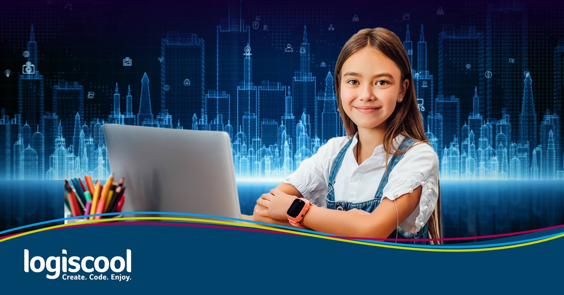 A young teen in front of laptop getting prepared for using coding and AI in the future. The background is blue with 0's and 1's sliding down.