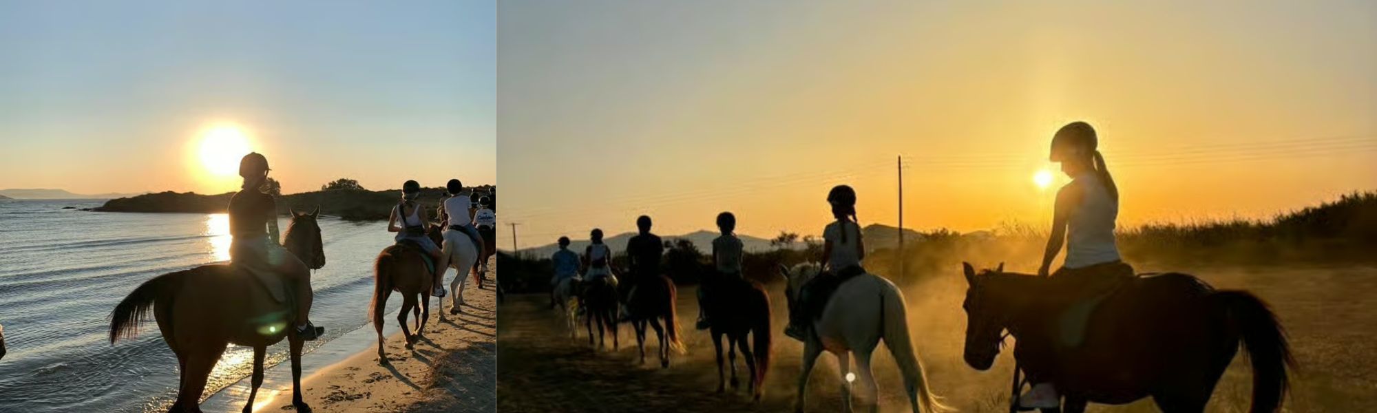 Two scenic photographs of a guided horseback riding excursion at sunset. The left image shows riders on horseback along a shimmering beach, with the sun low on the horizon reflecting on calm water. The right image captures riders silhouetted against a golden sky as they traverse a dusty field surrounded by rolling hills, evoking a serene and adventurous atmosphere.