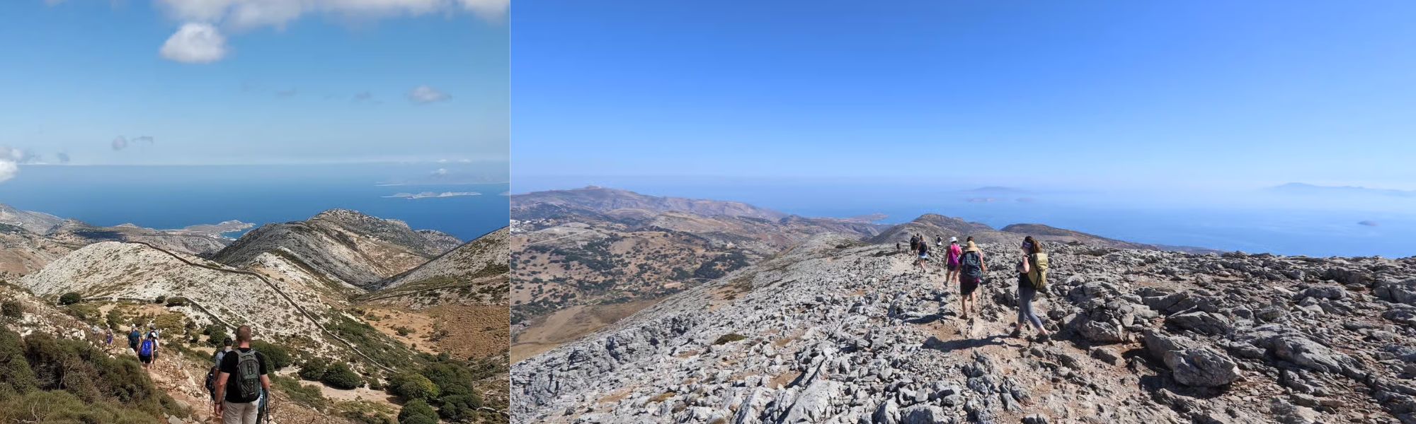 A composite image of a hiking expedition. On the left, hikers walk along a dirt trail surrounded by green scrub and rocky hills, with the sea and islands visible in the distance. On the right, a higher elevation view shows hikers navigating a rocky trail with panoramic views of the blue sea and distant islands under a clear sky.