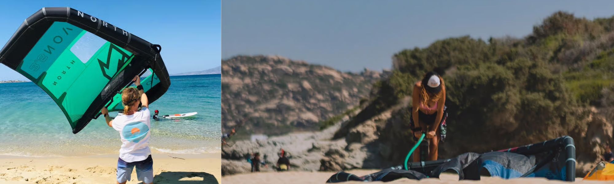 A composite image of wing foiling activities. On the left, a person on a sandy beach holds a bright green 'North Nova' wing, with turquoise ocean water and a foil boarder in the background. On the right, a woman in a pink bikini top inflates a kite using a green hand pump, with a rocky hillside in the background.