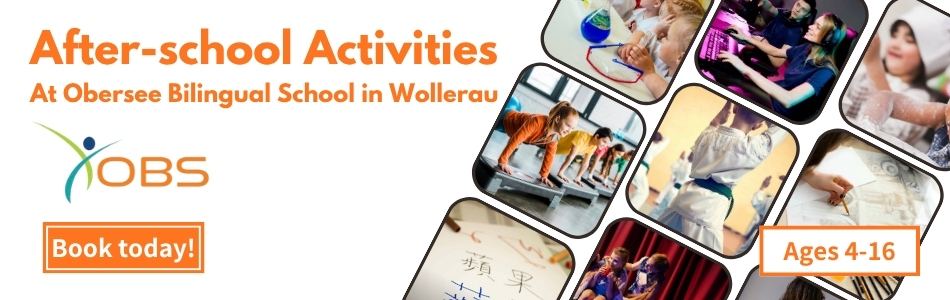 Banner für Nachmittagsaktivitäten an der Obersee Bilingual School (OBS) in Wollerau, für Kinder von 4 bis 16 Jahren, mit einem Fotoraster von Kindern bei Experimenten, Gaming, Turnen, Tanz, Kunst und Kalligrafie, mit "Jetzt buchen"-Button und dem OBS-Logo.