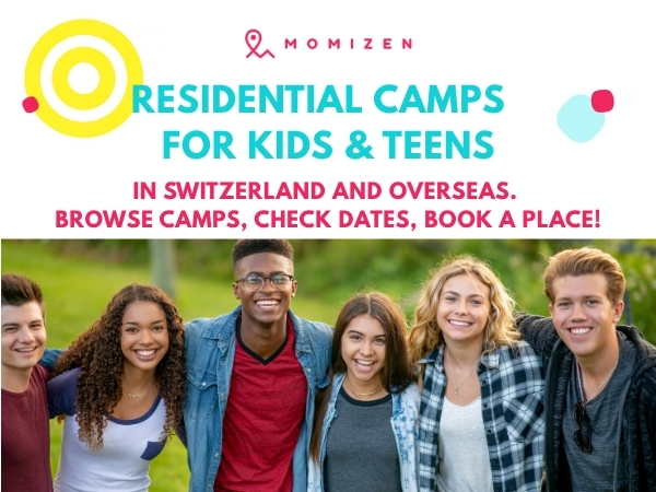 Momizen banner for residential camps for kids and teens in Switzerland and overseas, with six smiling teenagers standing arm in arm outdoors.