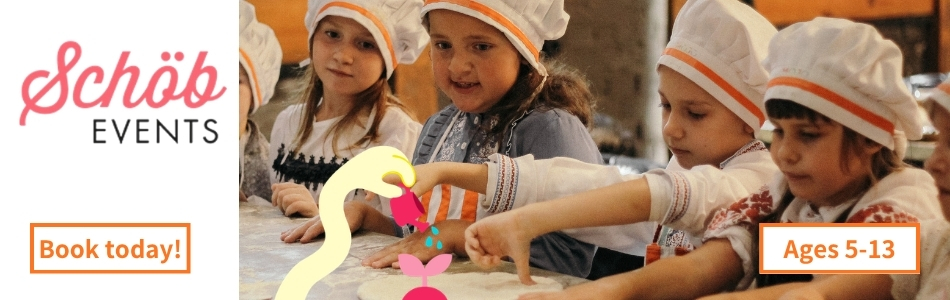 Schöb Events banner showing young children in orange-trimmed chef hats decorating pastries at a baking activity, with a "Book today!" button and "Ages 5-13" label