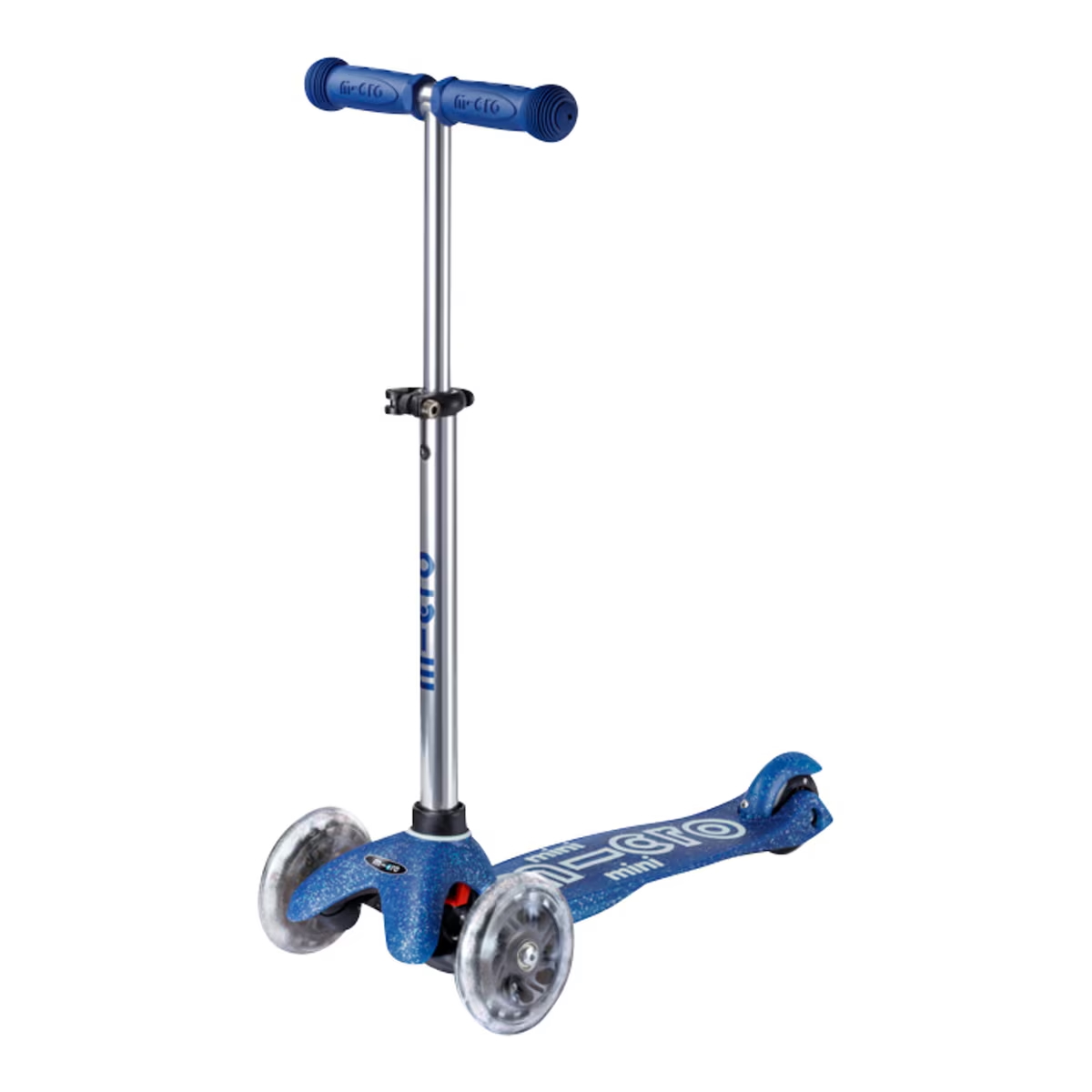 Mini Micro Deluxe Galaxy Glitter LED – 3-rad Kinderroller mit Leuchträdern und höhenverstellbarem Lenker (2–5 Jahre), blau.