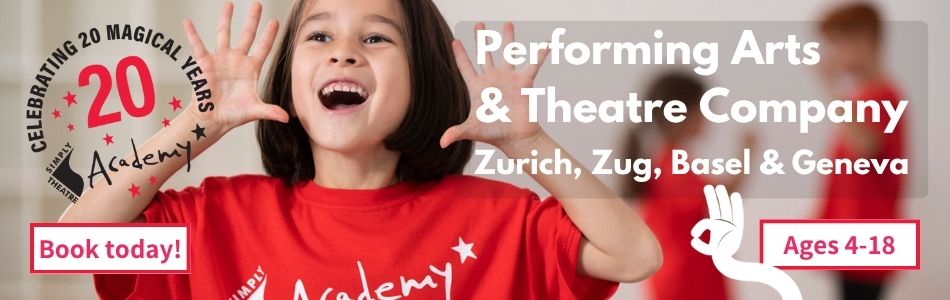 Simply Theatre performing arts academy banner celebrating 20 years, ages 4-18, Zurich, Zug, Basel and Geneva