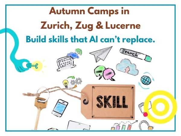 Autumn Camps in Zurich, Zug & Lucerne. Build skills that AI can’t replace. A colorful illustrated banner featuring a large “SKILL” tag, with playful icons representing creativity, communication, technology, and learning.