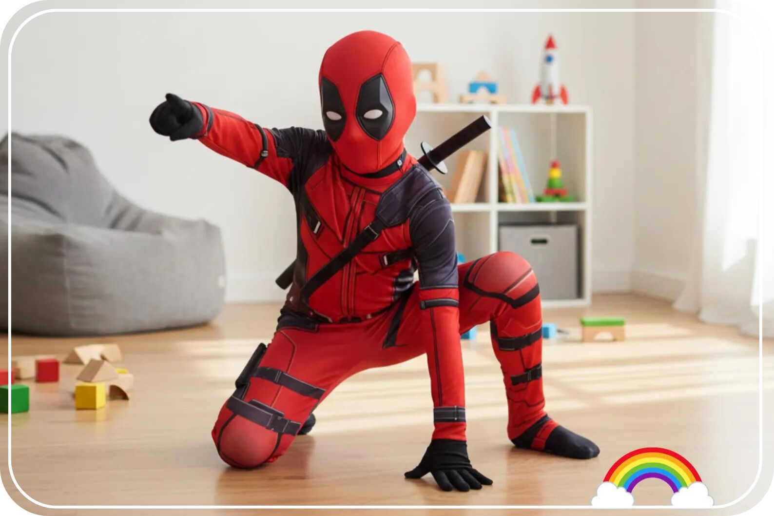 A young boy is wearing a spiderman costume with sword and mask.  He is in his sun-lit room on one knee performing the signature spiderman move, ready for Halloween