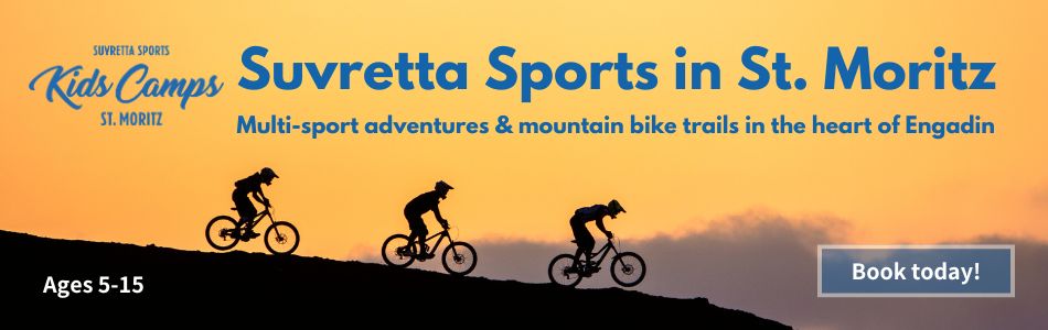 Three mountain bikers silhouetted against a golden sunset sky on a hillside ridge, with the Suvretta Sports Kids Camps banner promoting multi-sport adventures and mountain bike trails in St. Moritz for ages 5 to 15