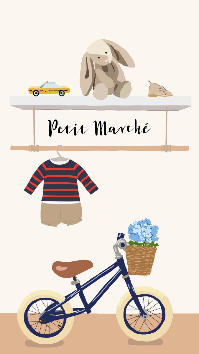 A drawn image of the petit marche app look with a vintage bike, boy's clothes and toys on a shelf.