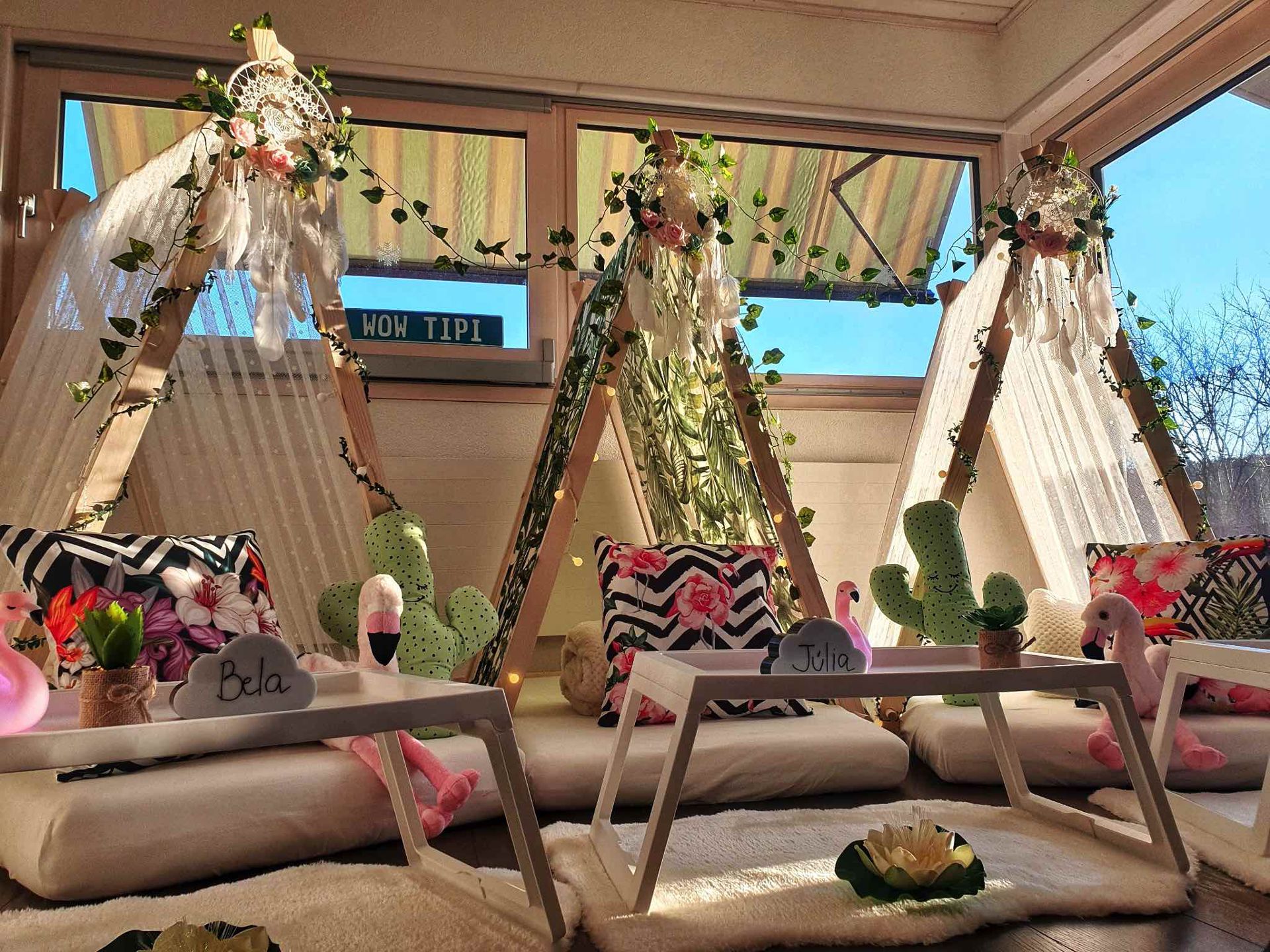 A birthday party tipi-tent setup at a client's home, by wow tipi