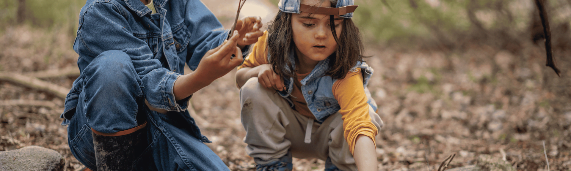 two little boys are discovering nature in a forest 