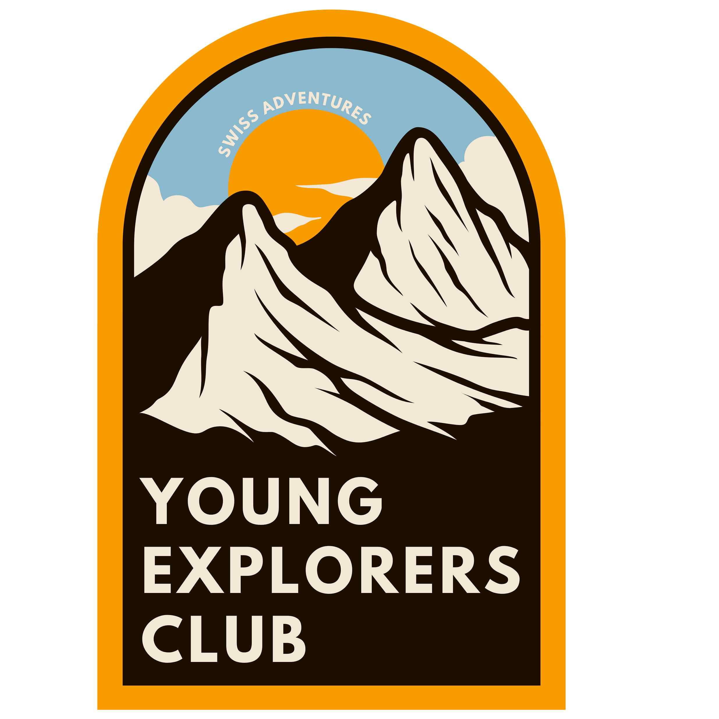 A graphic desing showing the swiss alps with the sun as a back drop. Referring to the theme of young explores club, a bilingual camp for kids from all countries in Switzerland, where  outdoor activities in nature are encouraged.