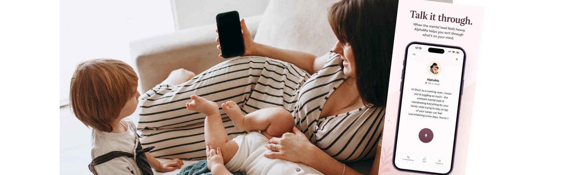 Mother lying on a sofa with a toddler and baby, holding up a phone showing the AlphaMa app, with a close-up screen overlay reading “Talk it through.”