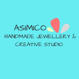 Logo for 'ASIMICO Handmade Jewellery & Creative Studio' displayed on a light turquoise background. The text 'ASIMICO' is written in a stylized, handwritten font, accompanied by three abstract shapes in reddish-pink, yellow, and light gray. Below, the phrases 'HANDMADE JEWELLERY &' and 'CREATIVE STUDIO' are written in uppercase, maintaining a clean and artistic design.
