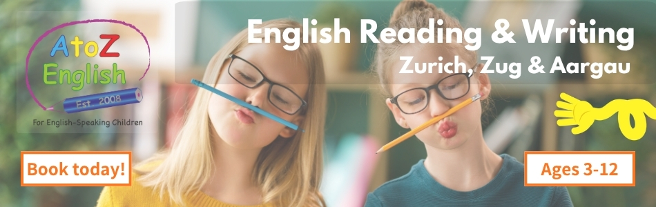 AtoZ English reading and writing course banner for children ages 3-12 in Zurich, Zug and Aargau