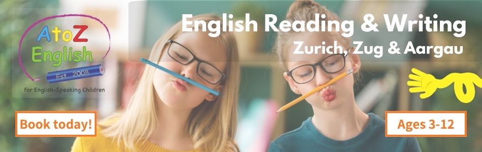 AtoZ English reading and writing course banner for children ages 3-12 in Zurich, Zug and Aargau