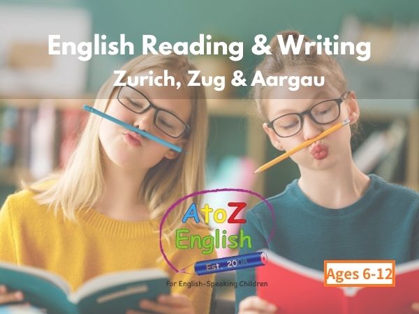 AtoZ English reading and writing course banner for children ages 6-12 in Zurich, Zug and Aargau