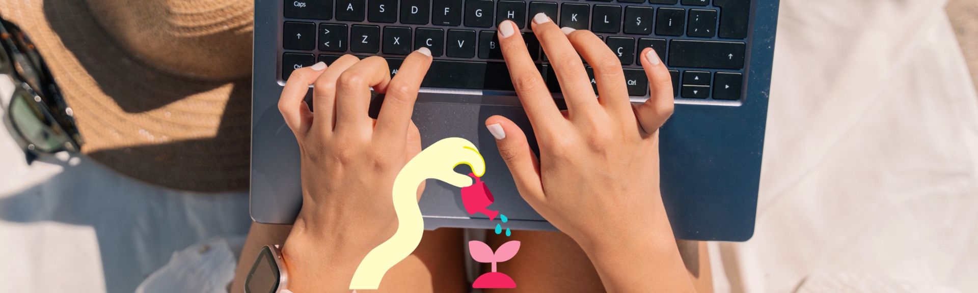 Parent typing on laptop planning children's activity checklist before school starts, with playful watering can and growing plant illustrations