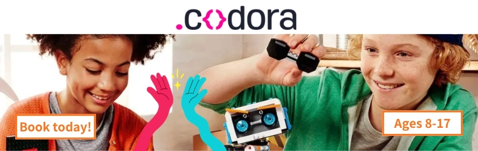Codora banner showing two kids, one holding LEGO-style robotics dumbbells and one assembling a small robot with a screen face, with a "Book today!" button and "Ages 8-17" label