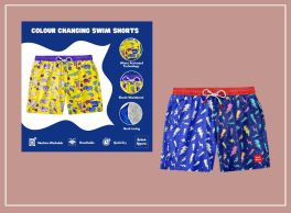Promotional image for color-changing swim shorts. On the left, a blue graphic panel highlights features like water-activated technology, quick-drying, and mesh lining, with a yellow pair of shorts featuring a car pattern. On the right, a dark blue pair of shorts with white lightning bolts demonstrates the color-changing effect, with one leg showing multicolored lightning bolts when wet.