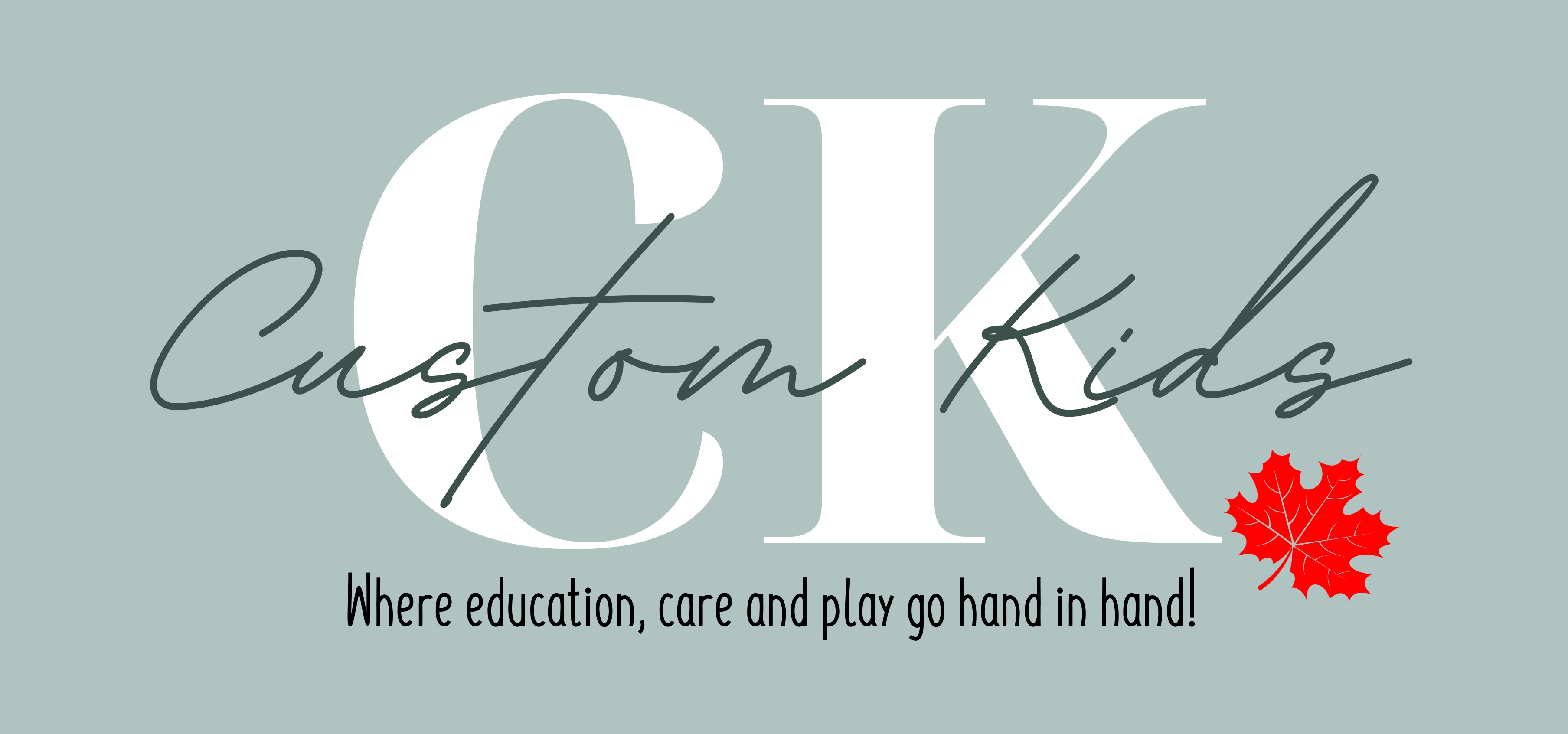 The logo of the custom kids english language playgroup in Switzerland, with white letters on a green grayish background.  