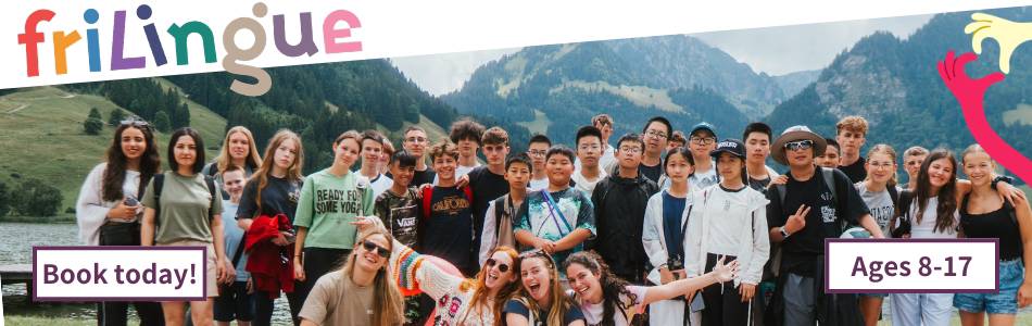 friLingue banner showing a large group of teenagers posing together outdoors in front of Swiss alpine mountains and a lake, with a "Book today!" button and "Ages 8-17" label