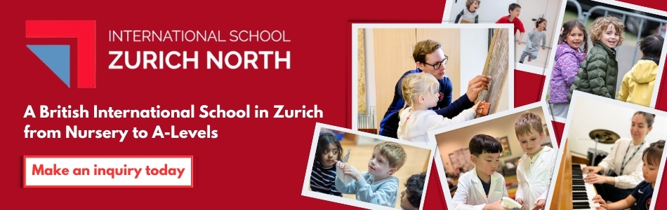 Werbebanner der International School Zurich North: britische internationale Schule in Zürich von der Nursery bis zu den A-Levels, mit Fotos von Schülern beim Malen, Musizieren und Experimentieren – Jetzt anfragen.