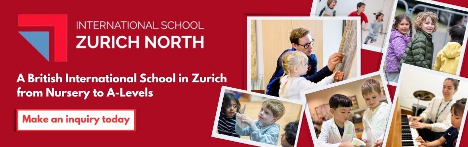 Werbebanner der International School Zurich North: britische internationale Schule in Zürich von der Nursery bis zu den A-Levels, mit Fotos von Schülern beim Malen, Musizieren und Experimentieren – Jetzt anfragen.