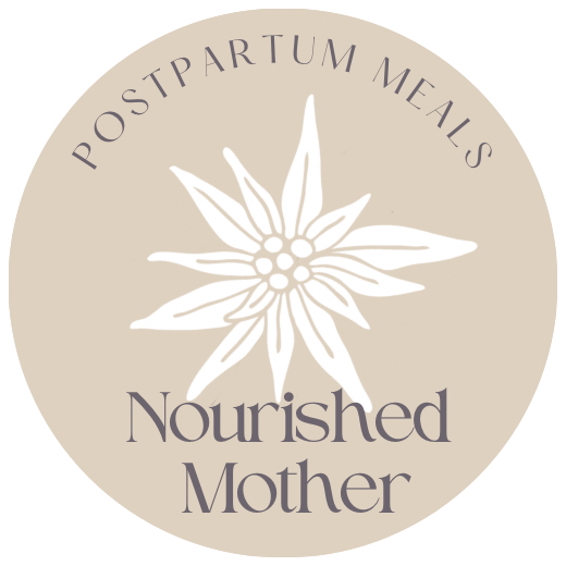 A beige and white logo of nourished mother, a business providing nutritionally approved meals in Meggen Luzern. 